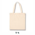 A plain beige cotton tote bag with two handles and a logo. The bag is rectangular in shape.