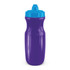 A drink bottle in vibrant purple with a blue lid, featuring a textured grip and a logo on the body.