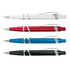 A collection of four plastic pens in white, red, blue, and black, each featuring a silver detailing and a logo.