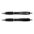 A pair of translucent black plastic pens with silver accents and clips, featuring a smooth design and sleek finish.