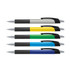 A set of five plastic pens with coloured barrels: silver, yellow, green, blue, and black, featuring black grips and clips.