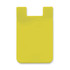 A bright yellow silicone phone wallet featuring a wave design and a slot for cards. It has a smooth texture and a logo.