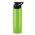A drink bottle in bright green with a black snap cap and a sleek design. It features a logo on the side.