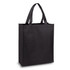 A black tote bag with two handles and a rectangular shape, featuring a logo on one side.