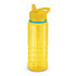 A drink bottle in bright yellow with a straw and a clear body, featuring a blue accent and a handle. It has a logo.