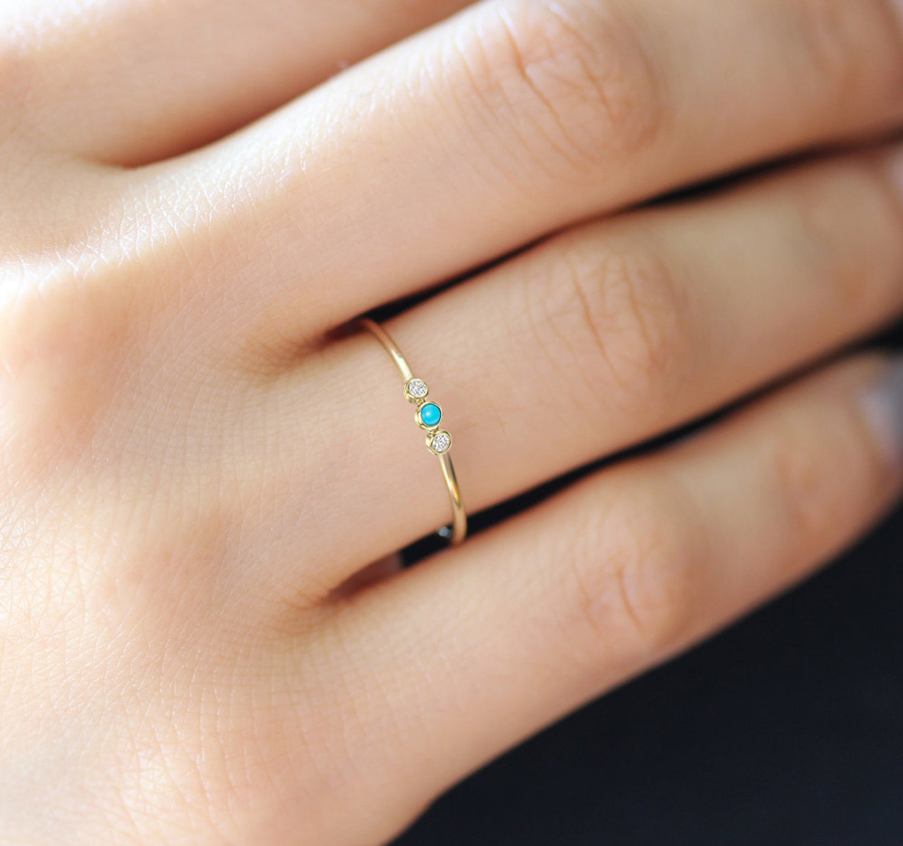 Triple Bezel Set Diamonds and Turquoise Ring 14K Gold