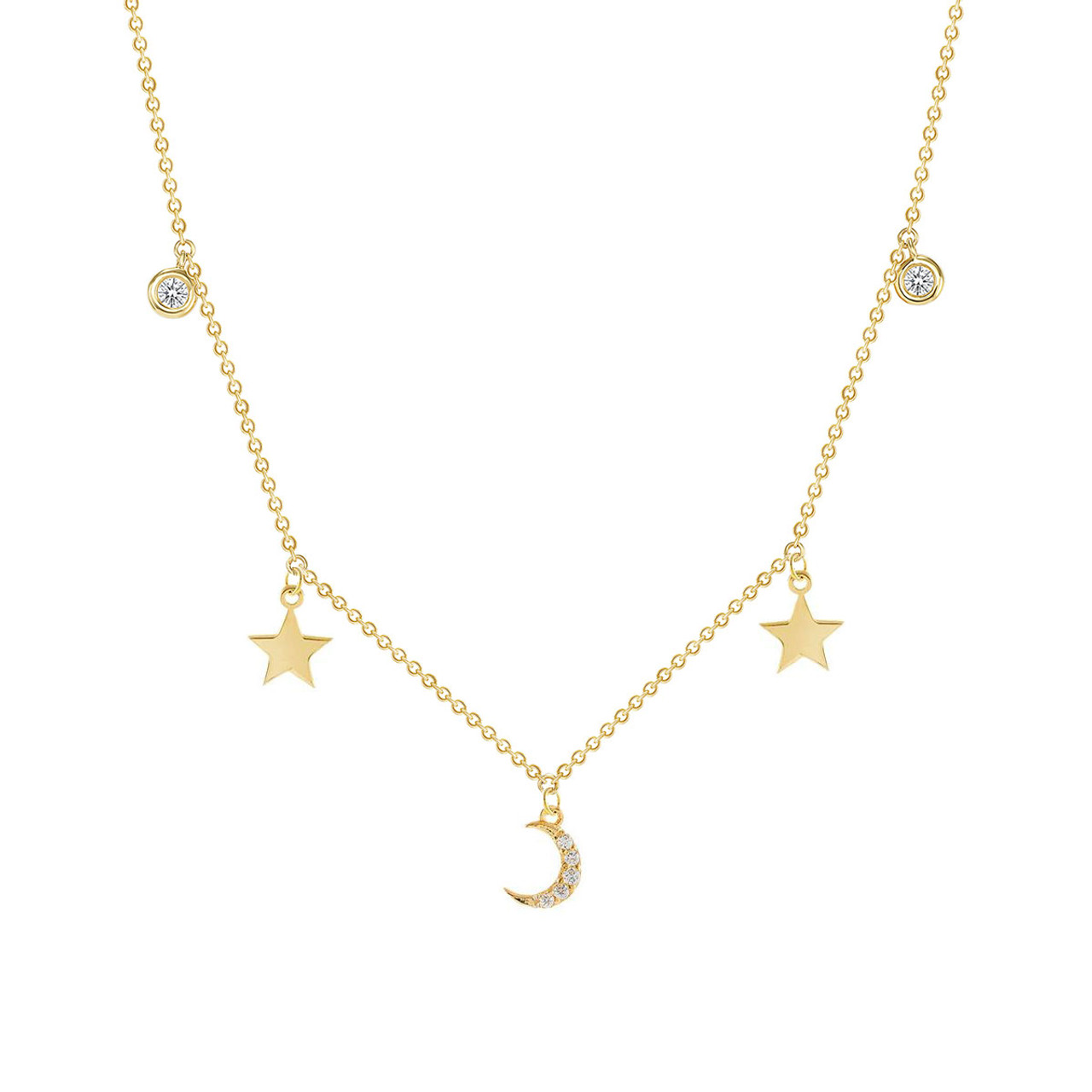 Diamond Moon and Star Necklace 14K Gold