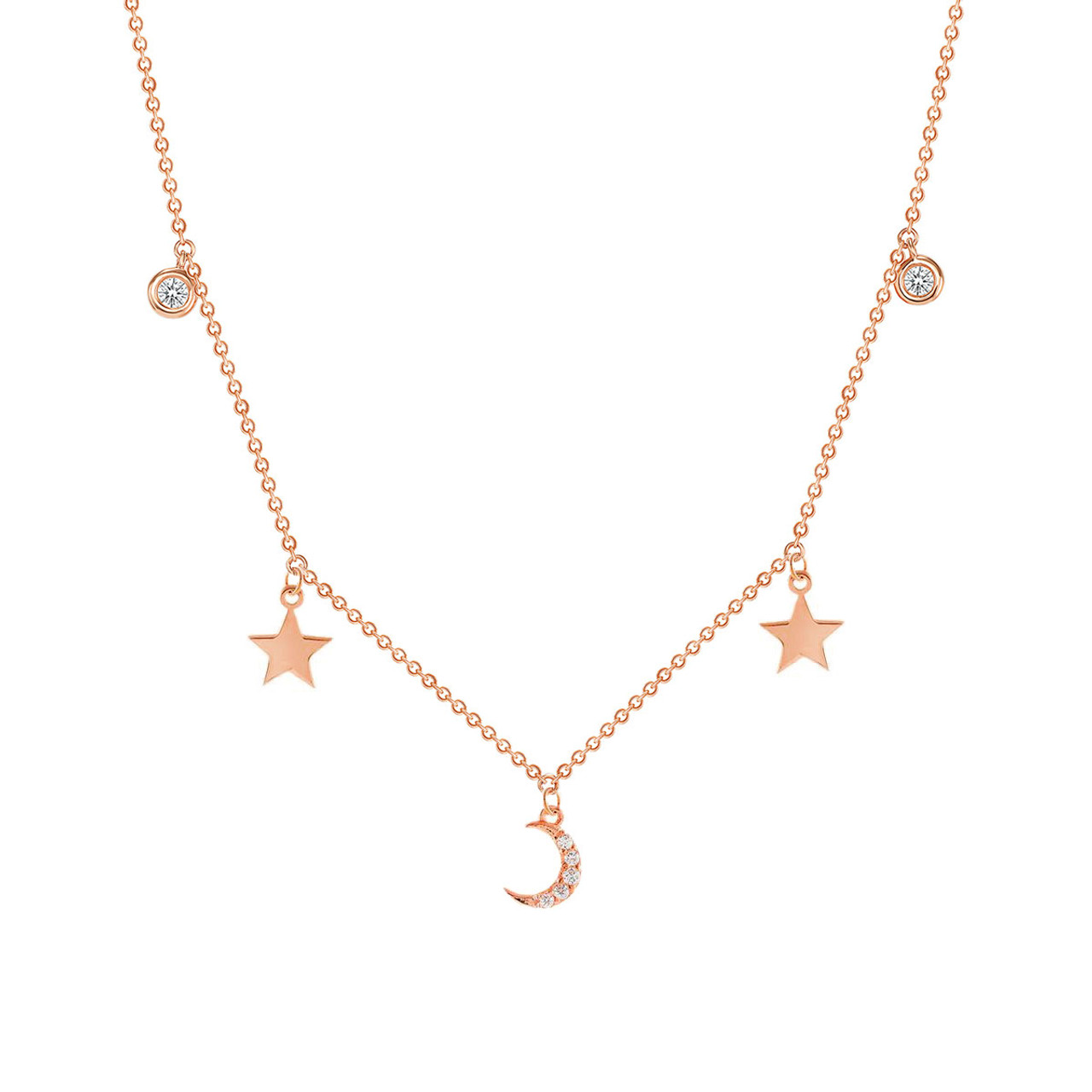 Bezel Diamond with Moon and Star Necklace 14K Gold