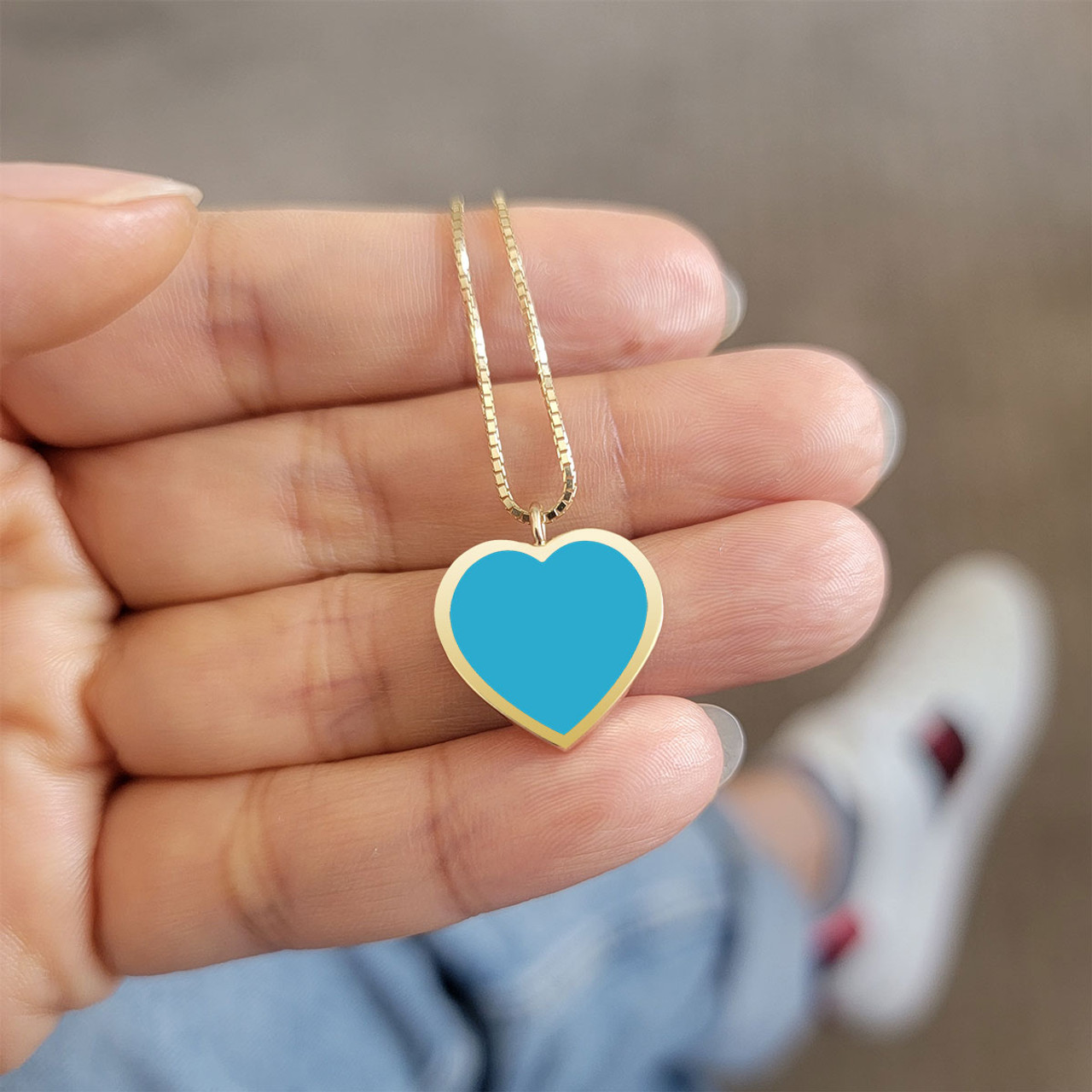 Turquoise Heart Necklace With Diamonds on Paperclip Link Chain