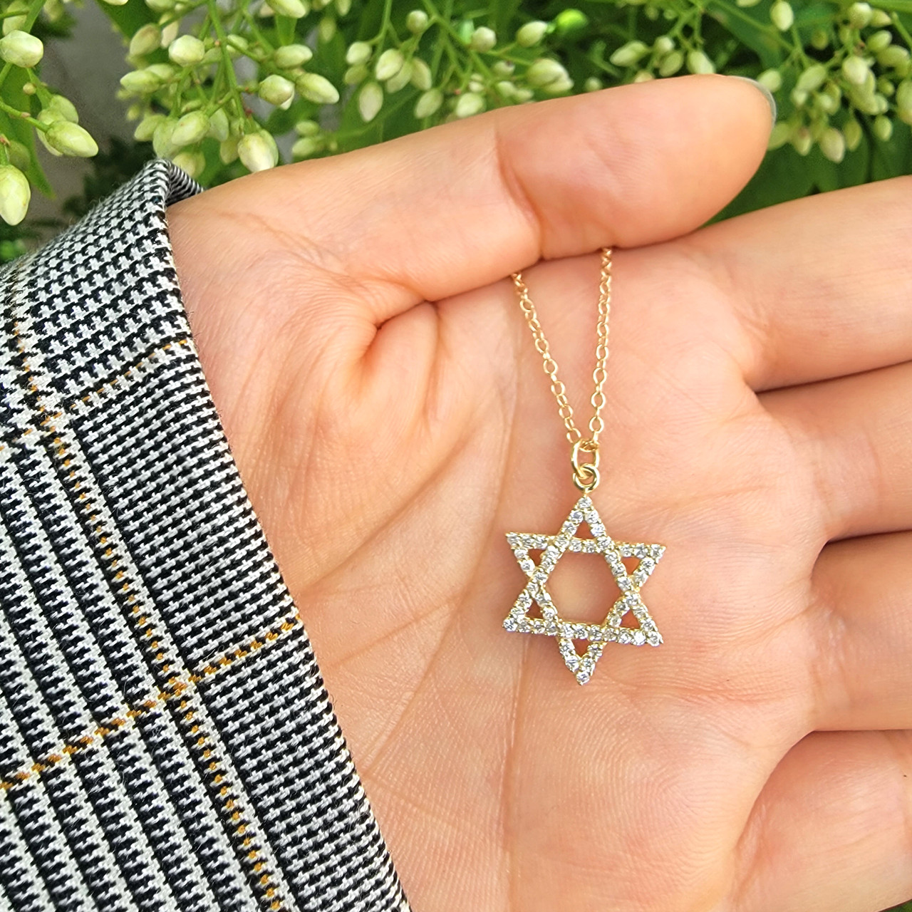 14k Yellow Gold Diamond Star of David Disk Pendant