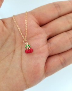 Enamel Cherry Charm Necklace 14K Yellow Gold