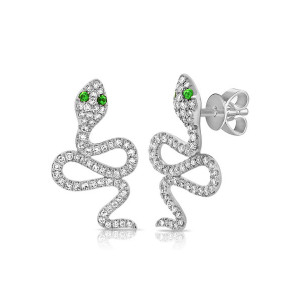 Diamond and Emerald Snake Stud Earrings in 14KW Gold