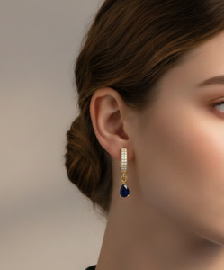 14K Yellow Gold Pave Diamond Huggie Earrings with Pear-Shaped Blue Sapphire Drop