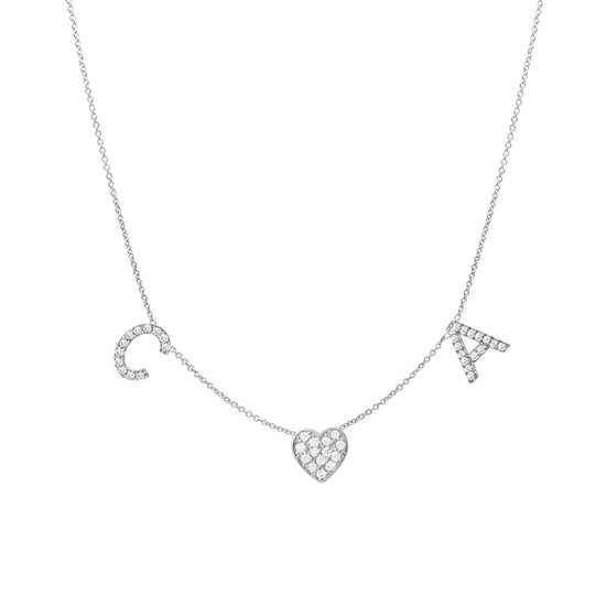 Diamond space initial and heart necklace 14k white gold