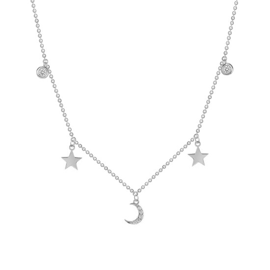 Bezel Diamond with Moon Star Necklace 14K Gold