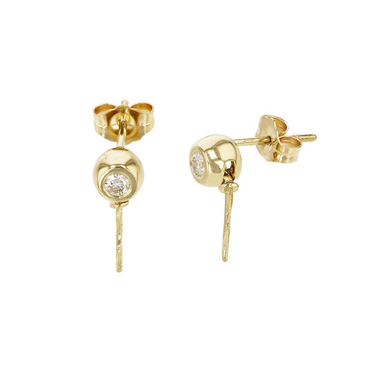 14K Yellow Gold Diamond Bezel Pearl Post Earrings With Peg