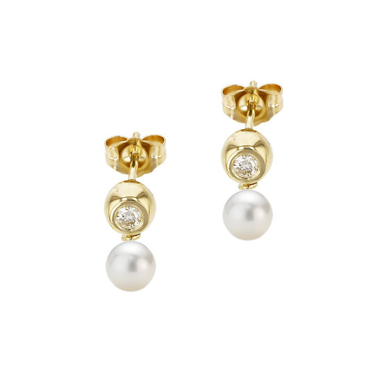 14K Yellow Gold Diamond Bezel Pearl Post Earrings With Peg