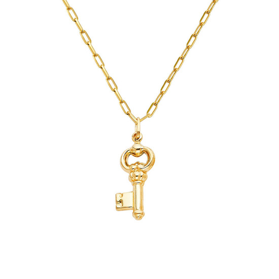 Key Pendant Paperclip Chain Necklace 14K Yellow Gold