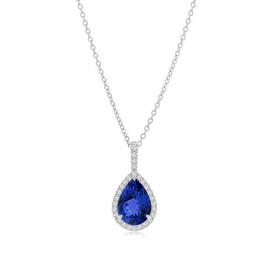 Tanzanite Teardrop with Diamond Halo Pendant Necklace 14K White Gold