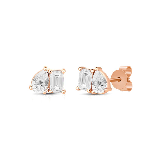 Toi et Moi Emerald And Pear Cut Diamond Stud Earrings 14K Rose Gold