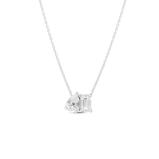 Toi et Moi Emerald and Pear Cut Diamond Necklace 14K White Gold