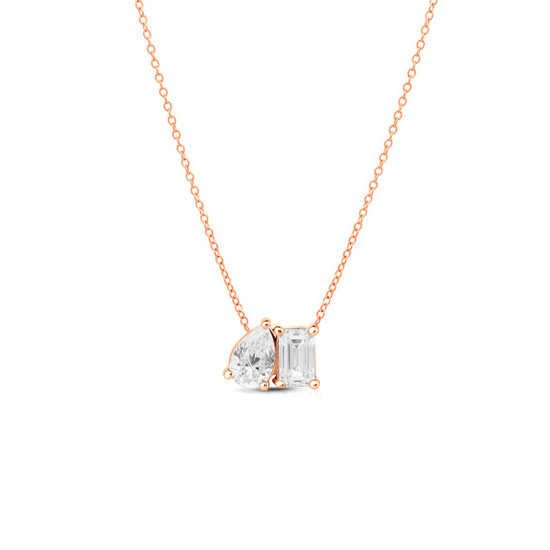 Toi et Moi Emerald and Pear Cut Diamond Necklace 14K Rose Gold