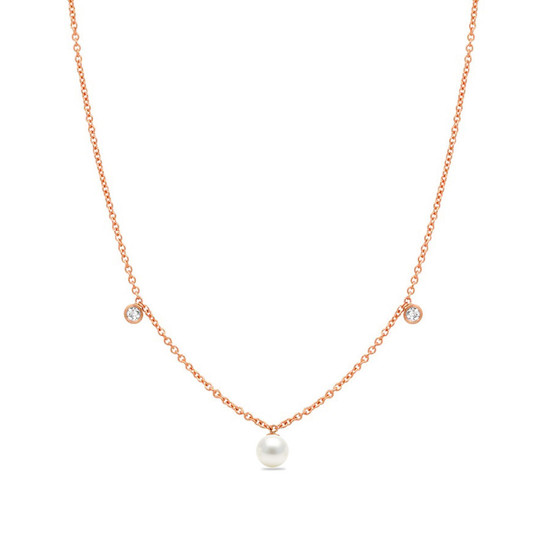 Drop Diamond Pearl Pendant Necklace 14K Rose Gold