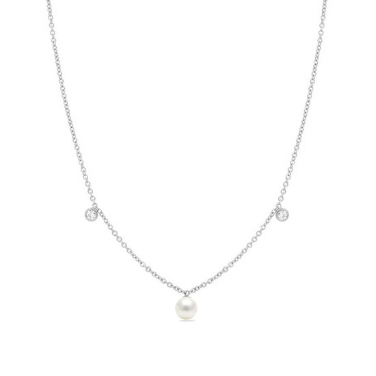 Drop Diamond Pearl Pendant Necklace 14K White Gold