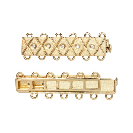 6 Rows Diamond Rectangle Bar Clasp Criss Cross Pattern 14K Yellow Gold