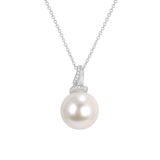 Pearl With Ribbon Diamond Pendant Necklace 14K White Gold