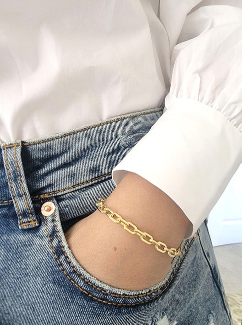 Rounded Rectangle Paperclip Link Bracelet 14K Yellow Gold