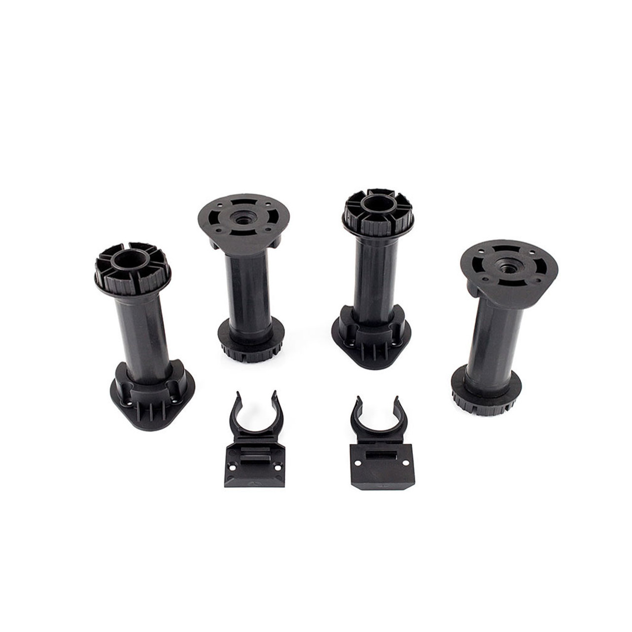 Adjustable 100mm black plastic plinth leg set with shoes and plinth clips for kitchen and bedroom furniture