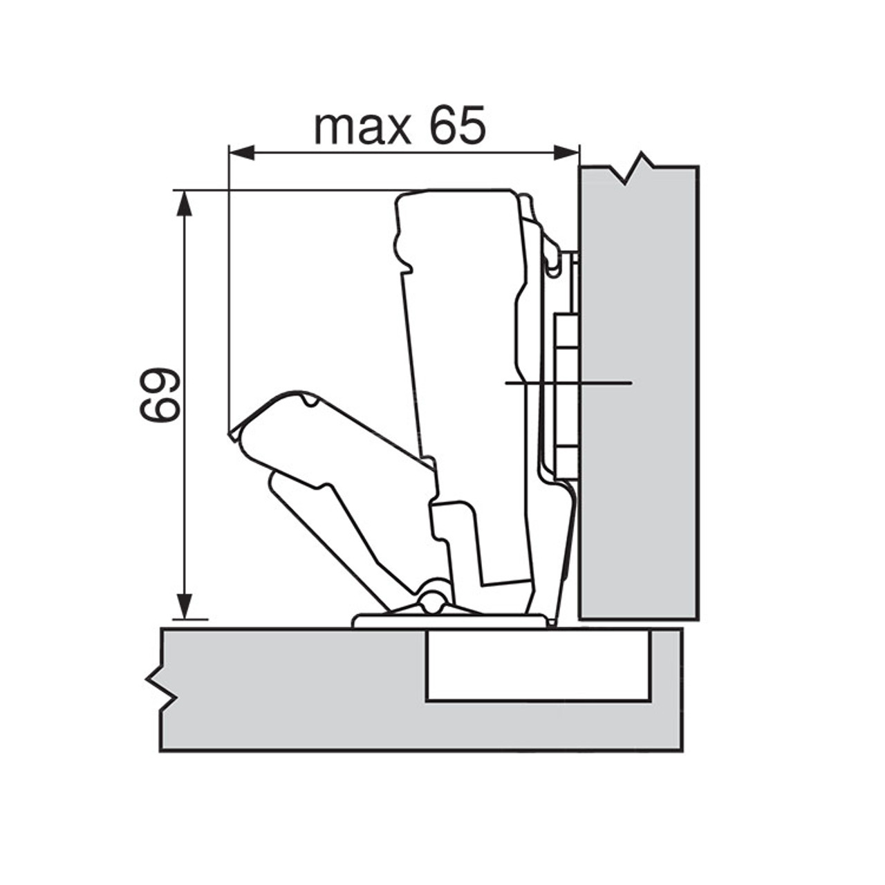 Dimensional diagram illustrating a Blum 170° overlay hinge application