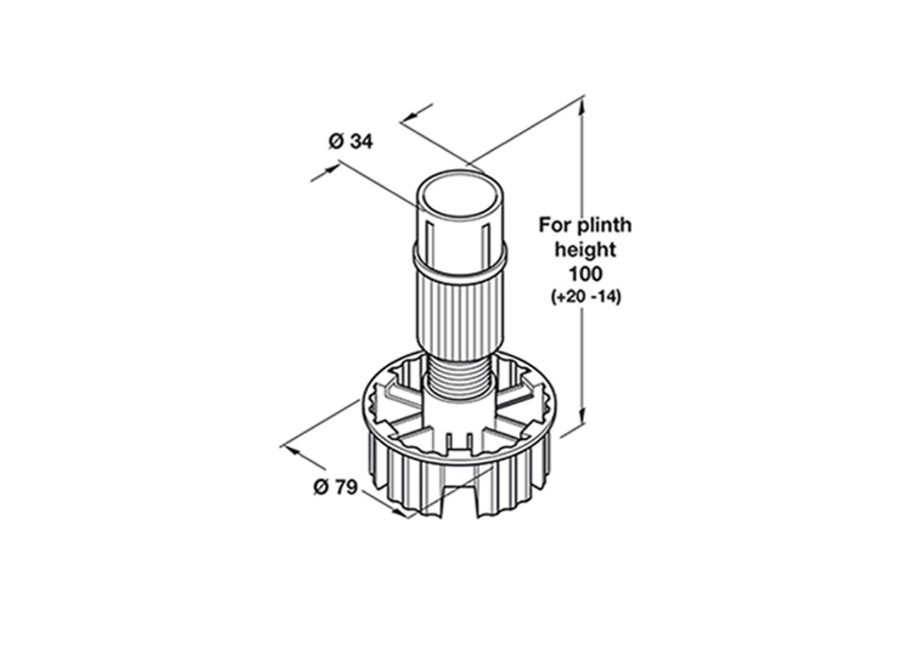 Technical drawing of Häfele Bigfoot 100mm adjustable plinth leg showing Ø79mm foot and Ø34mm shaft – suitable for 100mm plinth height (+20/-14mm)