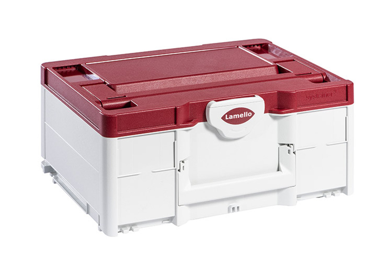 Supplied in a Lamello branded Zeta P2 Systainer storage case with red lid and white body, designed for durable transport of tools and accessories.