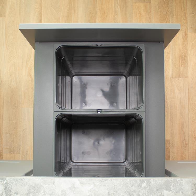 Two 32L Ninka waste containers inside 500mm LEGRABOX pull-out bin drawer