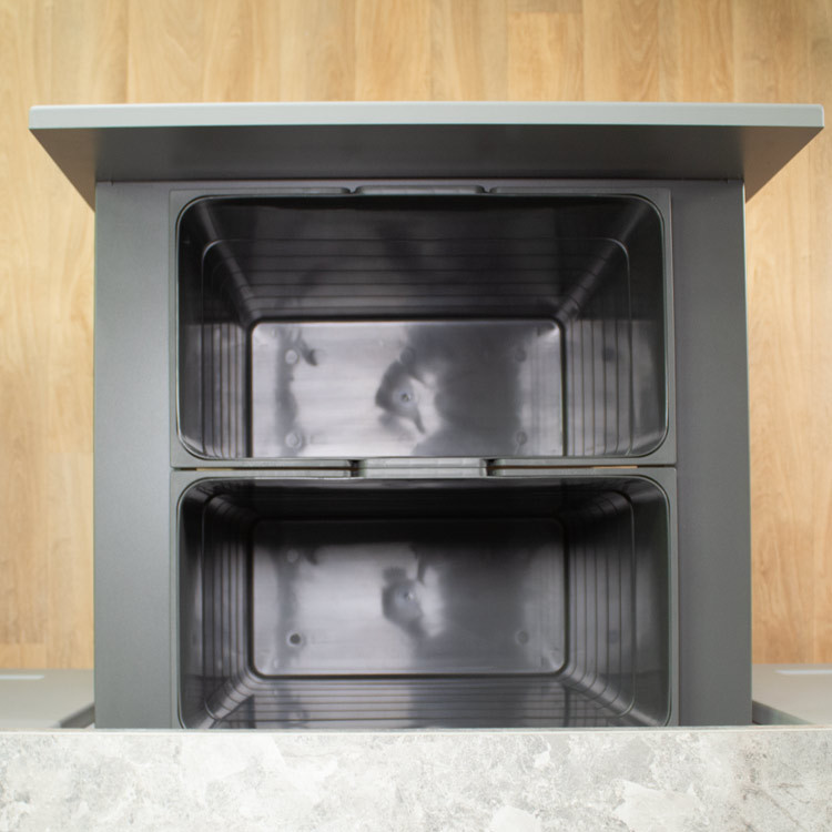 Two 42L waste containers inside 600mm LEGRABOX pull-out bin drawer