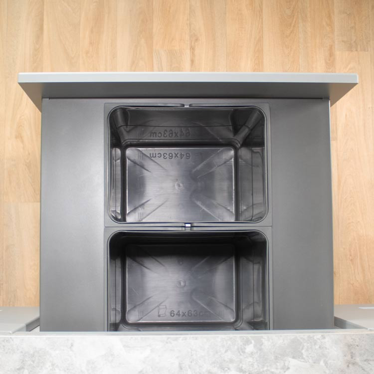 Two 26L Ninka waste containers inside 600mm LEGRABOX pull-out bin drawer