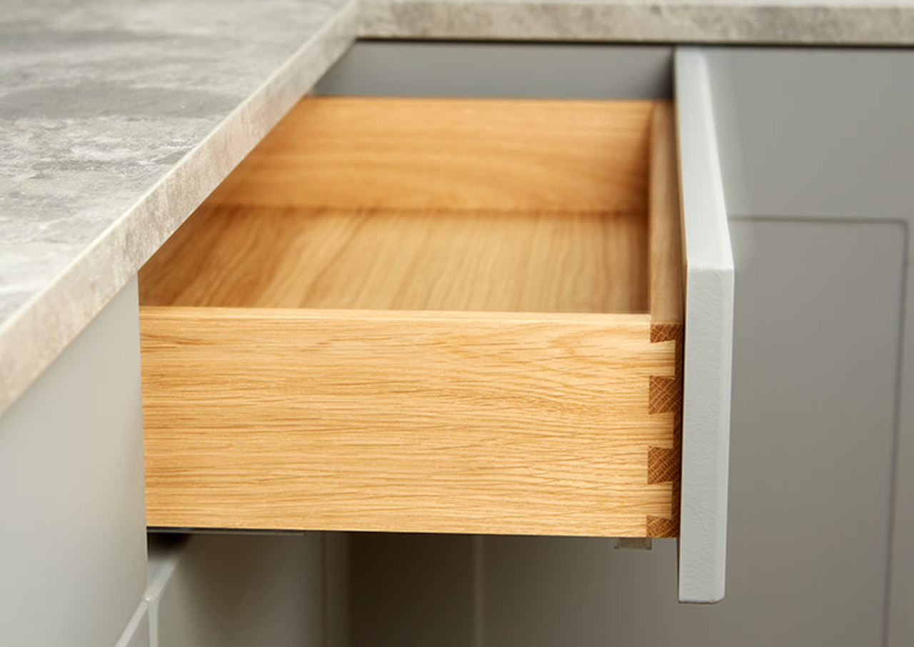 90mm Premium oak dovetail drawer box, sized for in-frame kitchens and ready for 450mm Blum runners
