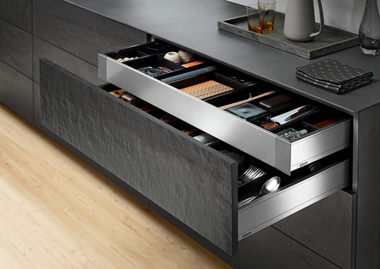 LEGRABOX inner drawer in a stainless steel finish, complemented by AMBIA-Line storage solutions