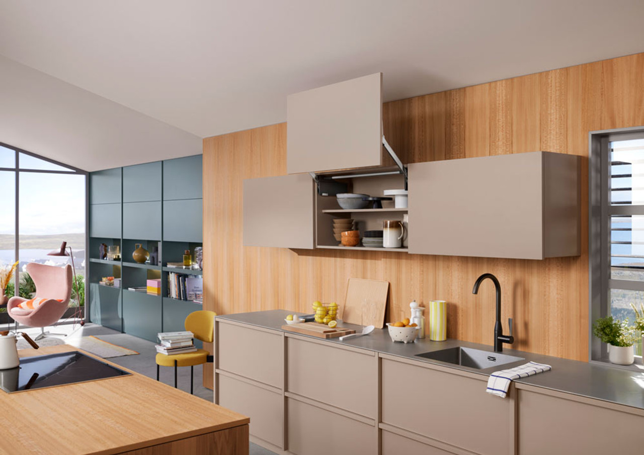 Fronts open parallel to the cabinet with AVENTOS HL allowing complete access
