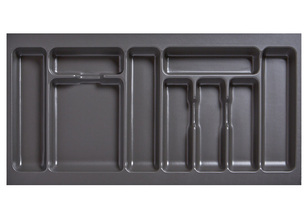 AGOFORM plastic inserts for LEGRABOX drawers (900 x 450mm) provide durable, easy-to-clean compartments for cutlery organisation with a modern basalt grey finish