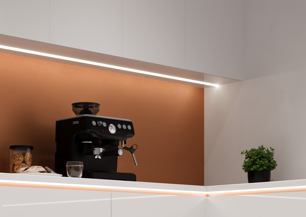 Flexible enough to bend around curves and ideal for surface mounting in kitchens or bedrooms, it enhances any space with a modern glow.