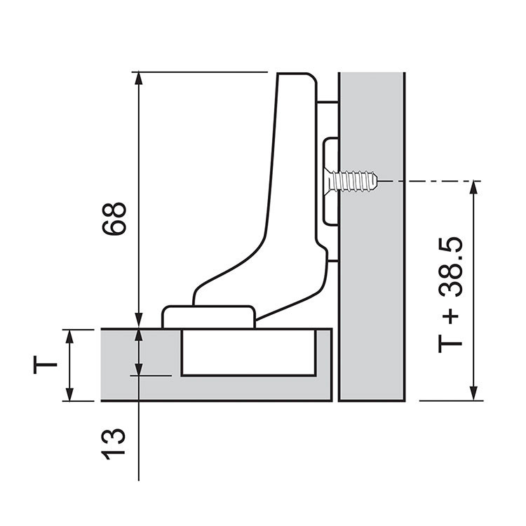 Diagram illustrating a Blum 70T3750.TL.ONS inset hinge application with installation measurements