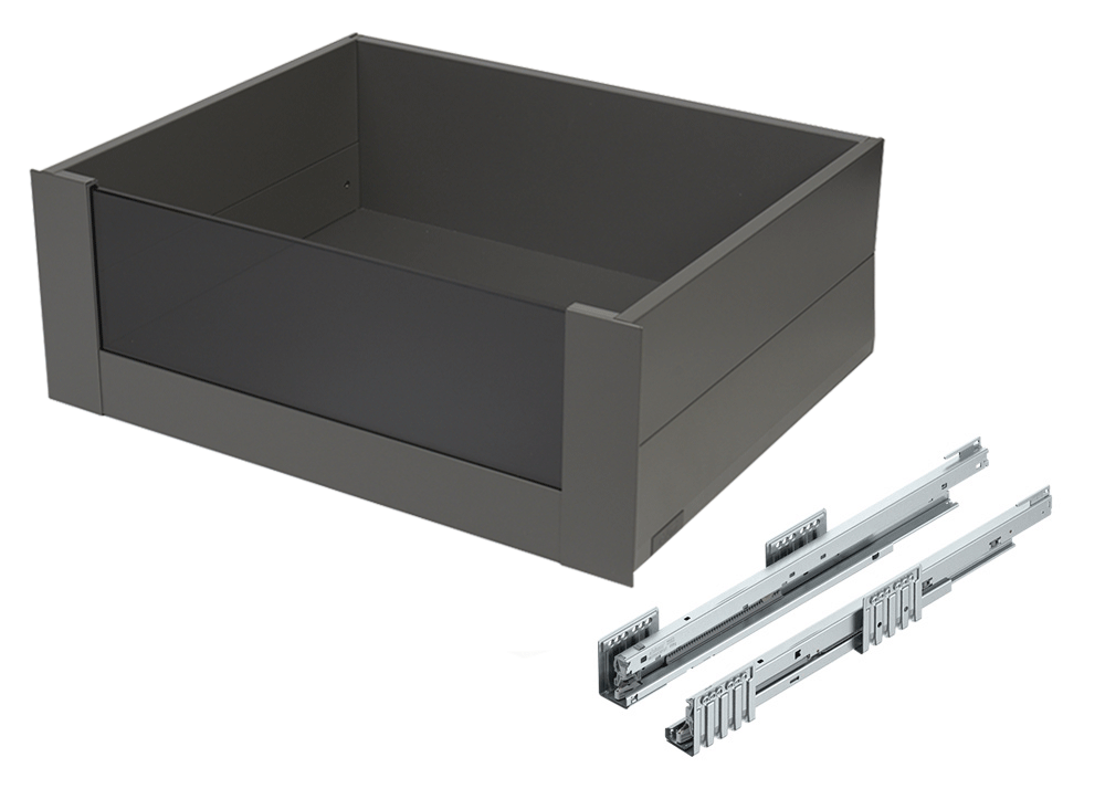 Pre-assembled Blum BOXCAP inner drawer with high smoked glass front, 300mm wide, full-extension soft-close runners
