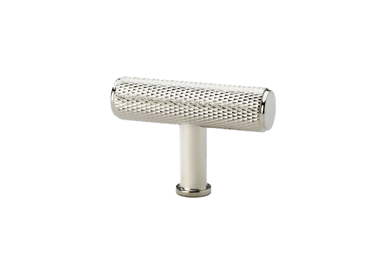 Alexander & Wilks AW801-55-PN Crispin Knurled T-Bar Cabinet Knob in polished nickel finish, solid brass construction with precision knurled detailing