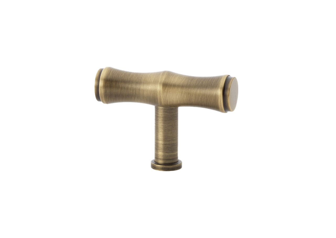 Alexander & Wilks AW801B-55-AB Crispin Bamboo-styled T-Bar Cabinet Knob in antique brass finish, solid brass knob with decorative linear detailing