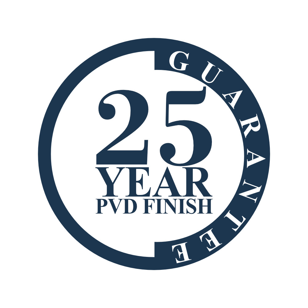 Alexander & Wilks 25-Year PVD Finish Guarantee badge, highlighting long-term durability and corrosion resistance for satin brass hardware