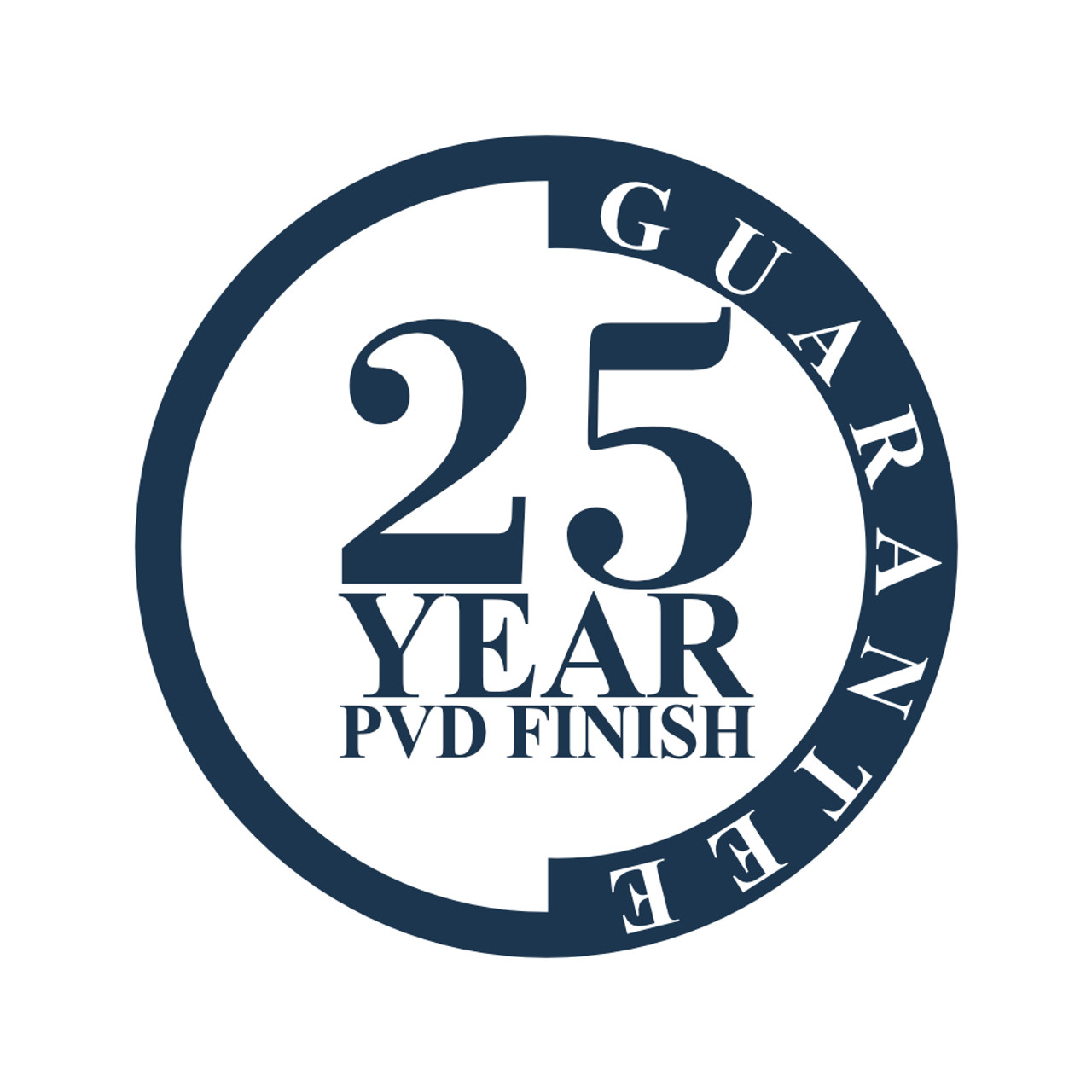Alexander & Wilks 25-Year PVD Finish Guarantee badge, highlighting long-term durability and corrosion resistance for satin brass hardware