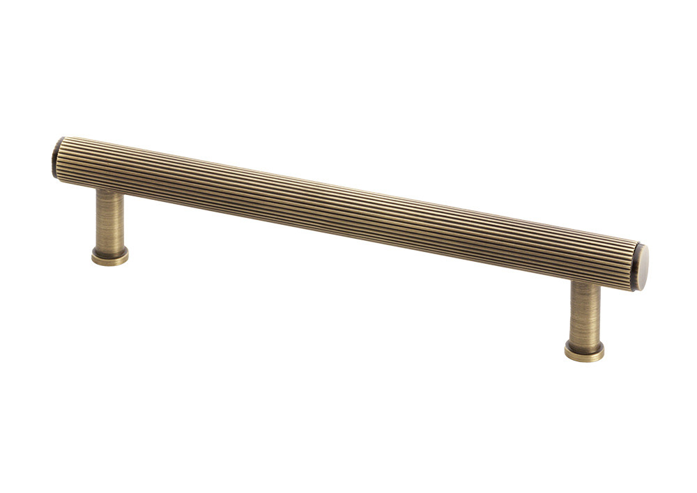 Alexander & Wilks Crispin reeded antique brass T-bar cabinet pull handle with full-length reeded grip, shown in 128mm, 160mm and 224mm centres